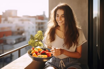 Fototapeta na wymiar Young woman enjoying a bowl of fresh fruit salad on her balcony - AI Generated