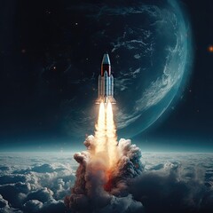 Space rocket taking off from the earth. 3D rendering