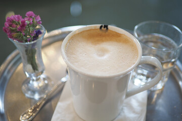 hot cake coffee on cafe table 