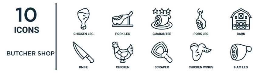 butcher shop outline icon set such as thin line chicken leg, guarantee, barn, chicken, chicken wings, ham leg, knife icons for report, presentation, diagram, web design - obrazy, fototapety, plakaty