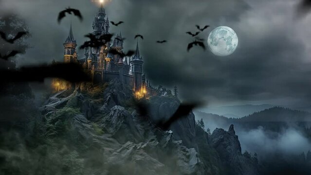 Eerie ambiance surrounds the misty, cliffside moonlit castle, setting the stage for Halloween. Anticipate ghostly whispers and enigmatic secrets as bats hover