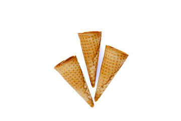 Empty ice cream cone on white background.