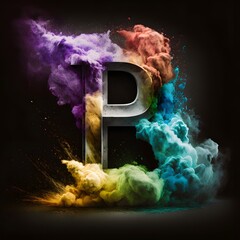 Realistic pastel rainbow colored paint as P letter with black background