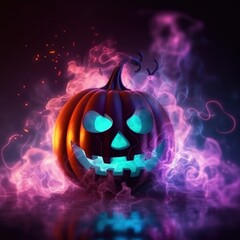 neon Halloween pumpkin, smoke. 