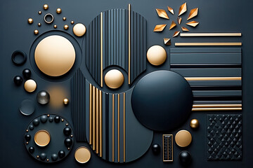 Dekorativ angeordnete abstrakte 3D Elemente als Kreise, Kugeln und Linien aus Metall in Gold und Schwarz auf dunklem Untergrund als Flatlay Hintergrund
