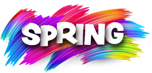 Fotobehang Spring paper word sign with colorful spectrum paint brush strokes over white. Vector illustration. © Vjom