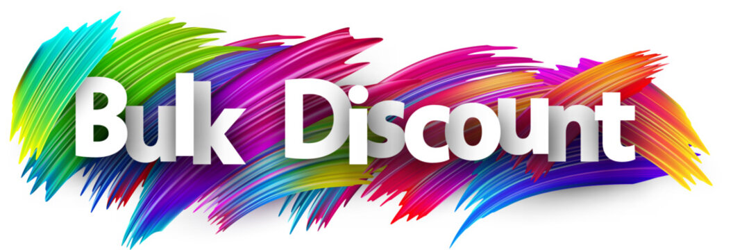 Bulk discount paper word sign with colorful spectrum paint brush strokes over white. Vector illustration.