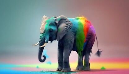 Cute realistic pastel rainbow colored paint Elefant with curly fur background - obrazy, fototapety, plakaty