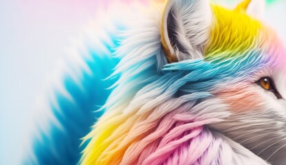 Cute realistic pastel rainbow colored paint fox with curly fur background