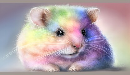 Cute realistic pastel rainbow colored paint hamster with curly fur background