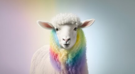Cute realistic pastel rainbow colored paint sheep with curly fur background