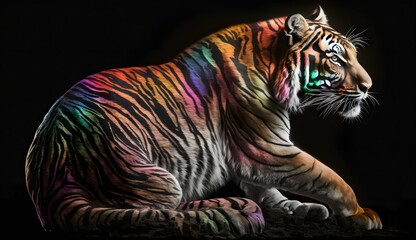 Cute realistic pastel rainbow colored paint tiger with curly fur background