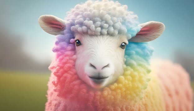 Cute realistic pastel rainbow colored paint sheep with curly fur background