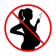Prohibition sign Of Pregnant Woman Smoking Cigarette. Vector illustration