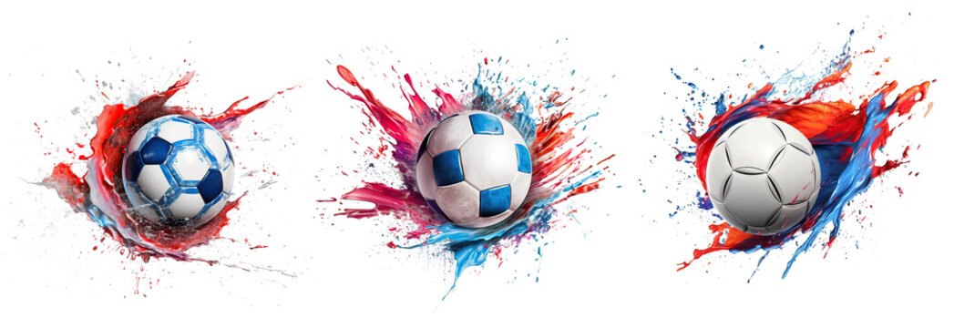 Set of different soccer balls in blue and red paint splash. Bundle of flying leather balls, isolated cutout on transparent background