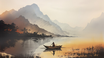 Man on Boat surrounded by Beautiful mountains