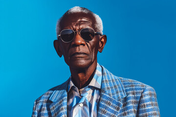 Generative AI illustration portrait of senior African American male in trendy sunglasses and checkered suit looking at camera against blue background