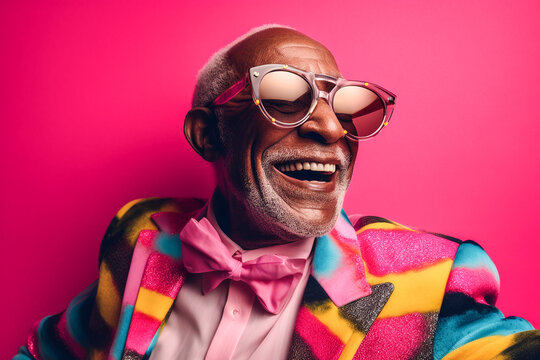 Generative AI illustration of excited mature black male in trendy colorful suit and eyeglasses laughing with wide arms and looking away