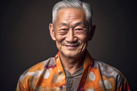 Generative AI illustration portrait of happy elderly Asian man in colorful cultural clothes with gray hair looking at camera against black background