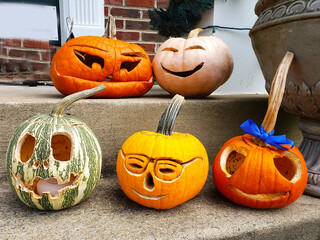 Porch decoration for a happy Halloween. Pumpkins are traditional attributes of the Halloween...