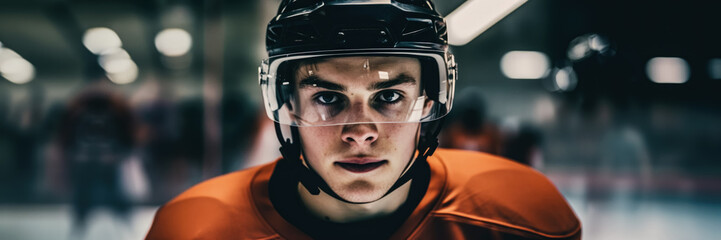 Young ice hockey player in helmet, serious expression, wide banner portrait. Generative AI - Powered by Adobe