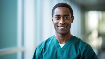 portrait of person of colour, black, male medical staff member smiling towards camera, short focal length, out of focus background