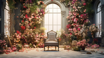 Fototapeta na wymiar Room With Flowers And Chairs 