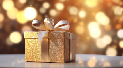 Beautiful golden gift box on the light table against blurred festive lights bokeh background, space for text. Generative AI.