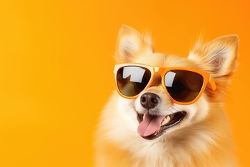 Closeup portrait of pomeranian spitz dog in fashion sunglasses. Funny pet on bright yellow background. Puppy in eyeglass. Fashion, style, cool animal concept with copy space