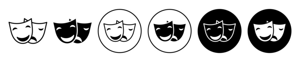 tragedy comedy mask icon set. act drama tragedy mask vector symbol. comedy theatrical show mask sign in black filled and outlined style.
