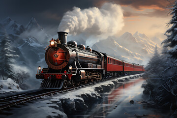 Fototapeta premium red christmas santa's train in snowy forest in winter