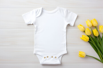 White Baby Onesie with Yellow Tulips on Wooden Background