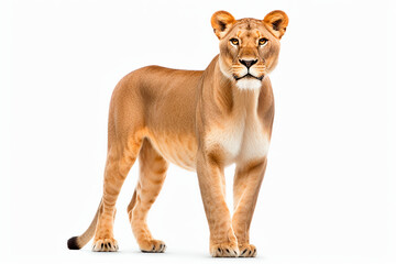 Obraz premium Lioness isolated on white background. Animal front view portrait.