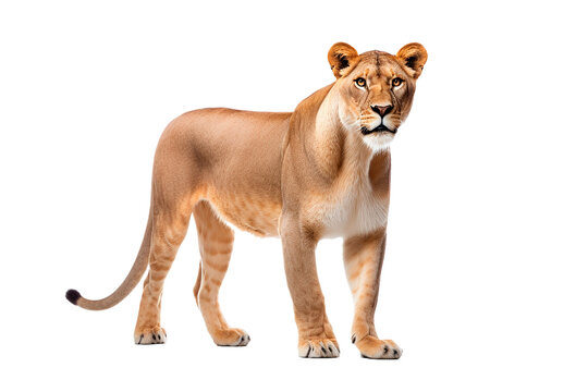 Lioness isolated on a transparent background. Animal front side portrait.