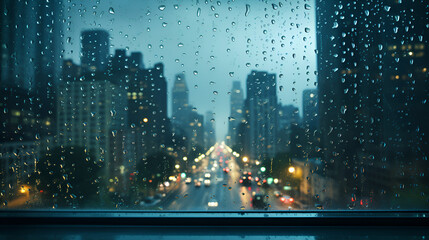 city in the night through rainy window