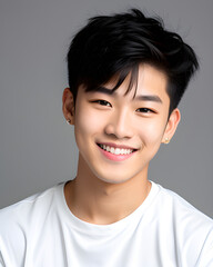 Young man in k-pop idol style on gray background