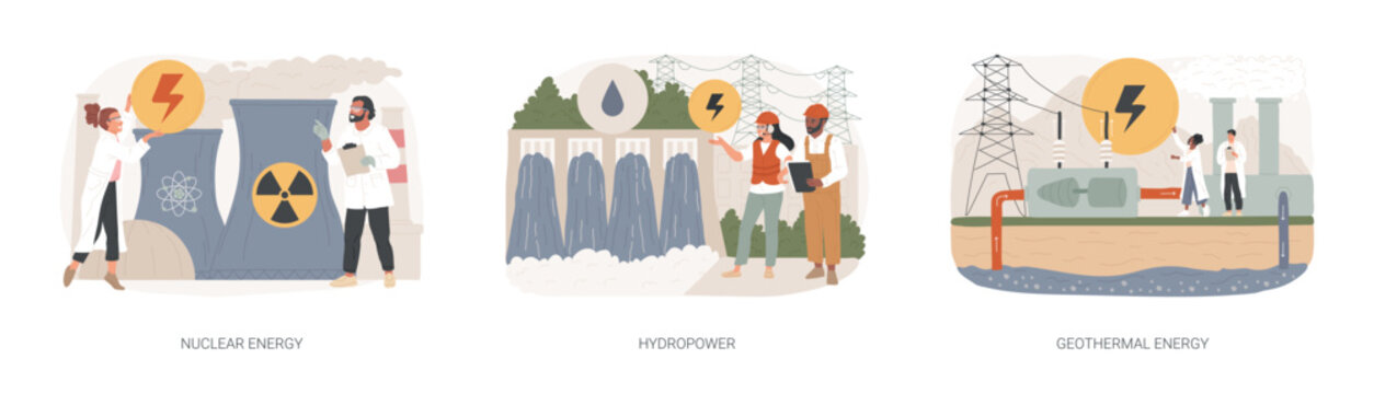 Energy sources isolated concept vector illustration set. Nuclear power plant, hydropower, geothermal energy, generate electricity, dam turbine, power plants, heat pump vector concept.