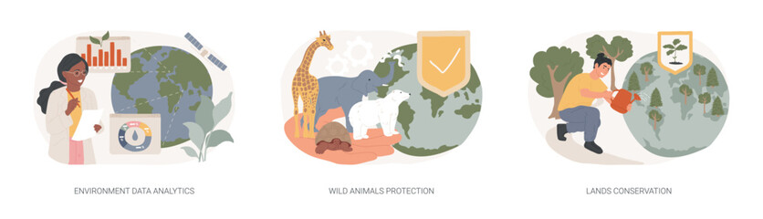 Earth observation isolated concept vector illustration set. Environment data analytics, wild animals protection, lands conservation, national park, wild forest, natural landscape vector concept.