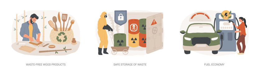 Green solutions isolated concept vector illustration set. Waste-free wood products, safe storage of waste, fuel economy, zero waste products, sorting and recycling, electric car vector concept.