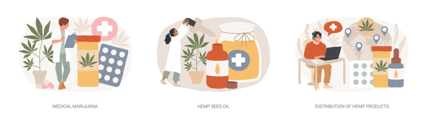 Obraz na płótnie Canvas Medical cannabis isolated concept vector illustration set. Medical marijuana, hemp seed oil, hemp products distribution, cancer pain and inflammation relief, sativa plant pharmacy vector concept.