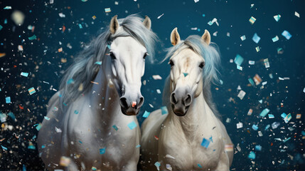 Portrait of couple beautiful white horses in studio with confetti decorations isolated on blue background