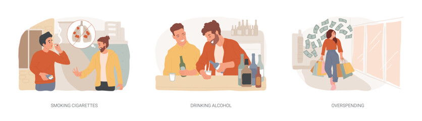 Bad habits isolated concept vector illustration set. Smoking cigarettes, drinking alcohol, overspending, tobacco and nicotine addiction, alcoholism therapy, budget planning, stress vector concept.