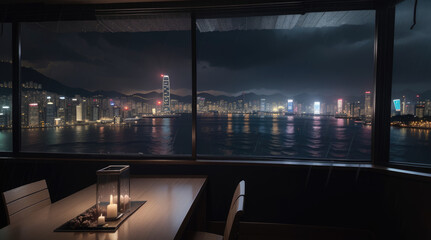 Night City View photo from upper floor hotel restaurant - Generative AI