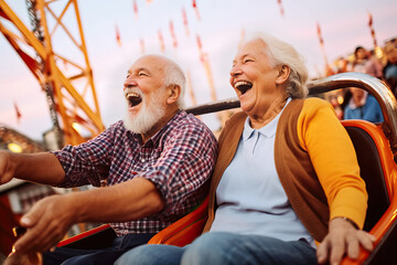 Obraz na płótnie Canvas An elderly couple enjoying a thrilling roller coaster ride with contagious laughter