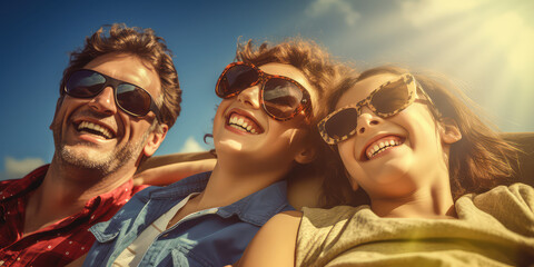 Family outdoors smiling in sunglasses