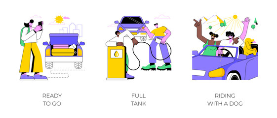 Travel by car isolated cartoon vector illustrations set. Getting ready to go on a road trip, smiling friends fill full tank at petrol station, happy couple riding with a dog vector cartoon.