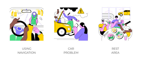 Road trip isolated cartoon vector illustrations set. Couple driving car and using gps navigator, navigation app, people problem with car on highway, having a snack at rest area vector cartoon.