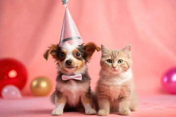 Playful cat and dog dressed in funny party attire, standing against a vibrant and colorful backdrop, creating a joyful and festive atmosphere with their charming presence.