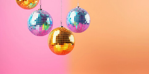 Fototapeta na wymiar Playful and lively illustration showcasing a party mood, as small disco balls come together on a mesmerizing colorful gradient pastel background, creating a vibrant and energetic scene.