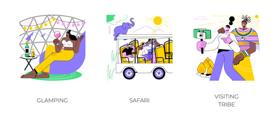 Fototapeta premium Concept tour isolated cartoon vector illustrations set. Glamping vacation, luxury camping, live in nature, safari trip, traveling to Africa, visiting a tribe, traditional culture vector cartoon.